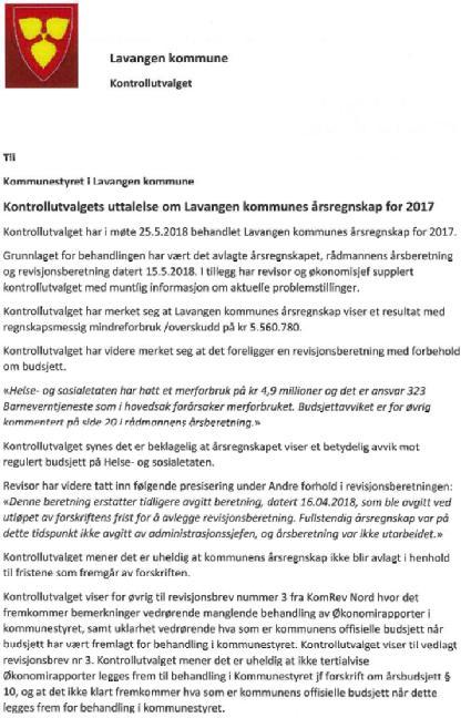 Vedlegg: Kontrollutvalgets uttalelse til Lavangen kommunes årsregnskap for 2017