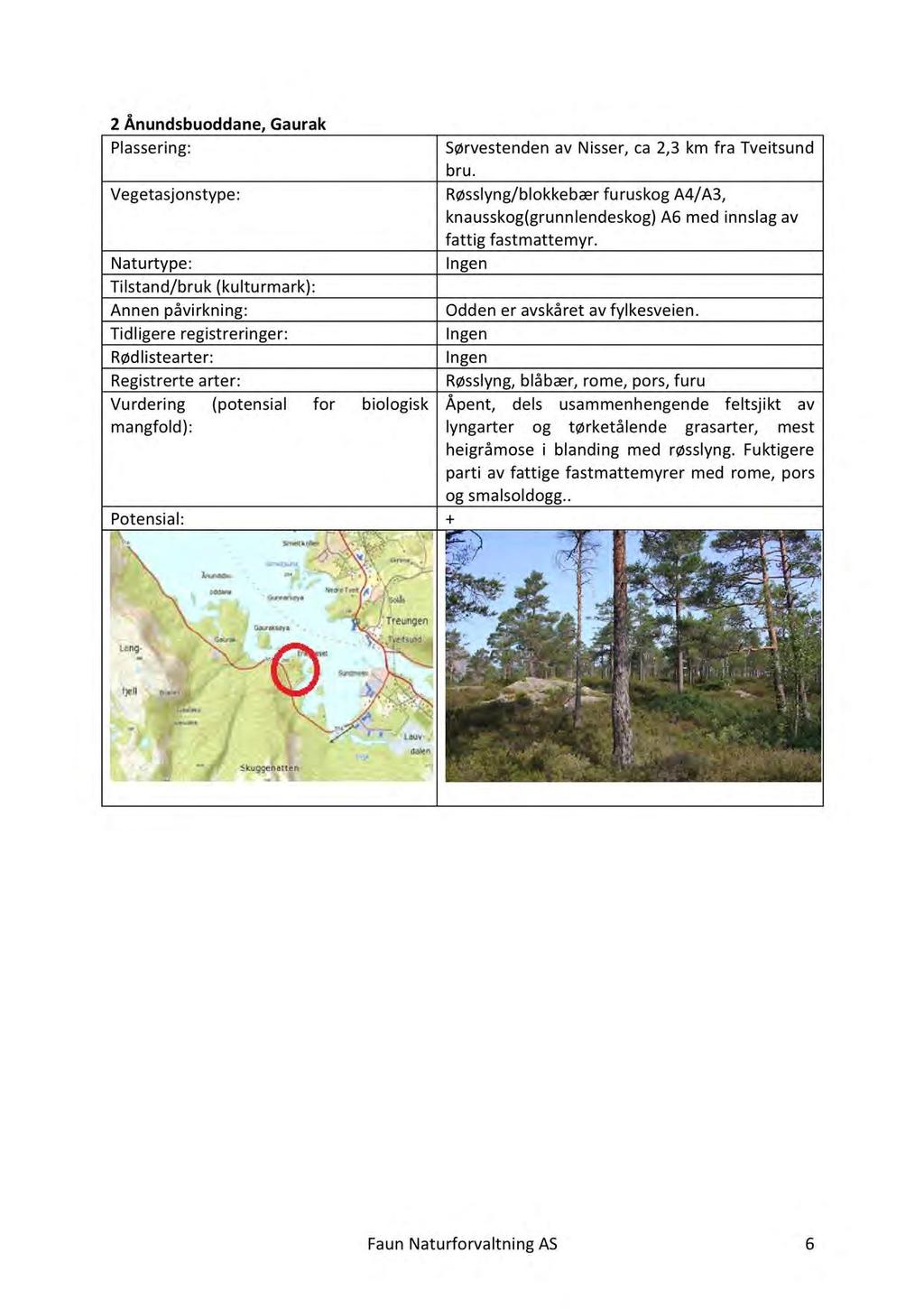 2Ånundsbuoddane,Gaurak Registrertearter: Vurdering (potensial for biologisk SørvestendenavNisser,ca2,3km fra Tveitsund bru.