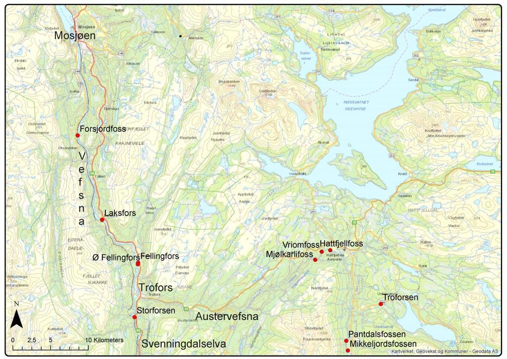Vefsnavassdraget er forholdsvis bratt med flere store fosser og strykstrekninger, og gradienten på den 80 kilometer lange strekningen fra Hattfjelldal til Mosjøen er på 2,6 meter per kilometer
