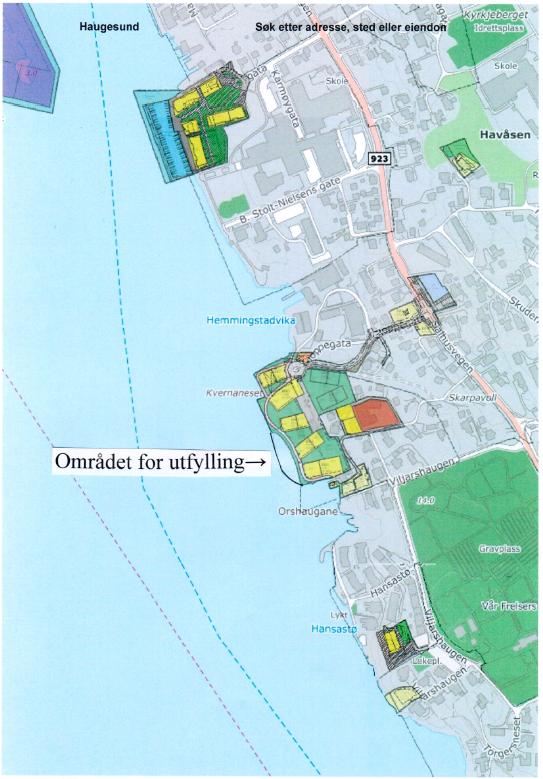 Figur 1. Kart som viser område for utfylling, nærmere bilde av utfyllingsområdet og typisk snitt av utfylling med fyllingsfot.