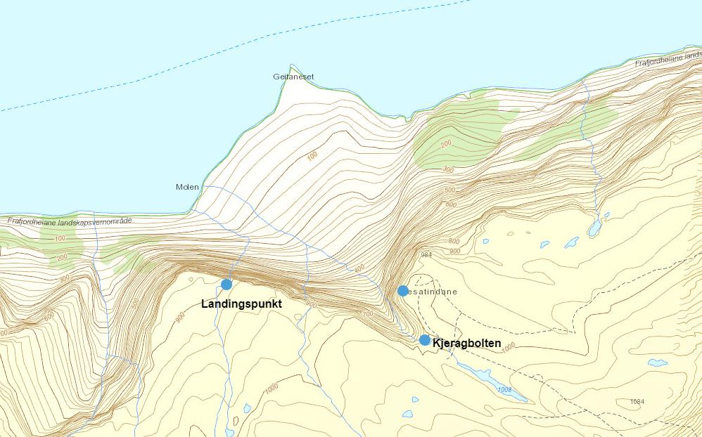 Kart over landingspunkt, Kjeragbolten og Nesatind Denne delen av Frafjordheiane blir i liten grad brukt av villreinen og denne låge bruken har vore mønsteret ei tid.