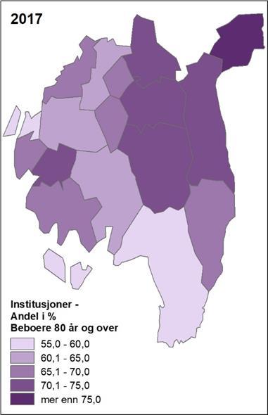 Pleie og omsorg institusjonsplasser Andel beboere 80 år og over som er beboere i institusjoner (%) 2016 2017 0121 Rømskog 83,3 90,0 0125 Eidsberg 72,6 73,7 0122 Trøgstad 74,5 73,2 0135 Råde 76,8 71,9