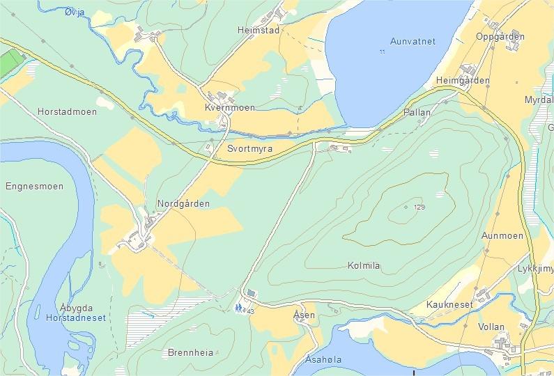 Kommelåsen 129 moh 0,7 km Kjør fra Årsandøy (fylkesvei 714) i retning Terråk og videre til Åbygda.