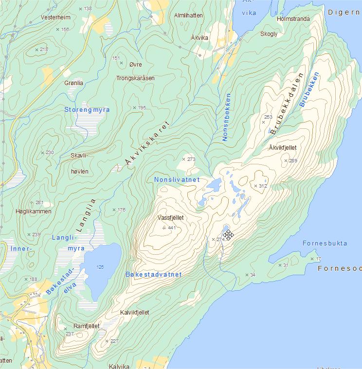 Åkvikfjellet 300 moh 1,6 km I 2015 er det ny rute til Åkvikfjellet. Det er fortsatt mulig å bruke den gamle fra Åkvika, men det er nå merket adkomst også fra Bøkestadvatnet. Kjør til Bindalseidet.