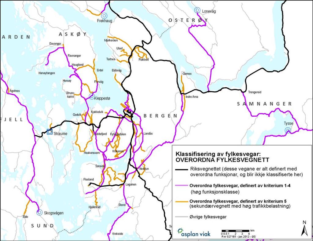 vegen er viktig av beredskapshensyn vegen har høy trafikkbelastning Oversiktskart som viser riksvegnettet, overordnet fylkesvegnett og sekundære fylkesveger.