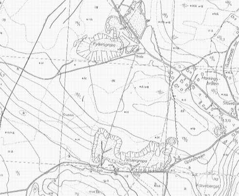 Figur 17 Kartutsnitt fra ØK-kartet fra 1963. En ser datidens utstrekning av de store massetakene Vistergropa og Fylkesgropa. Kilden, NIBIO. 6.