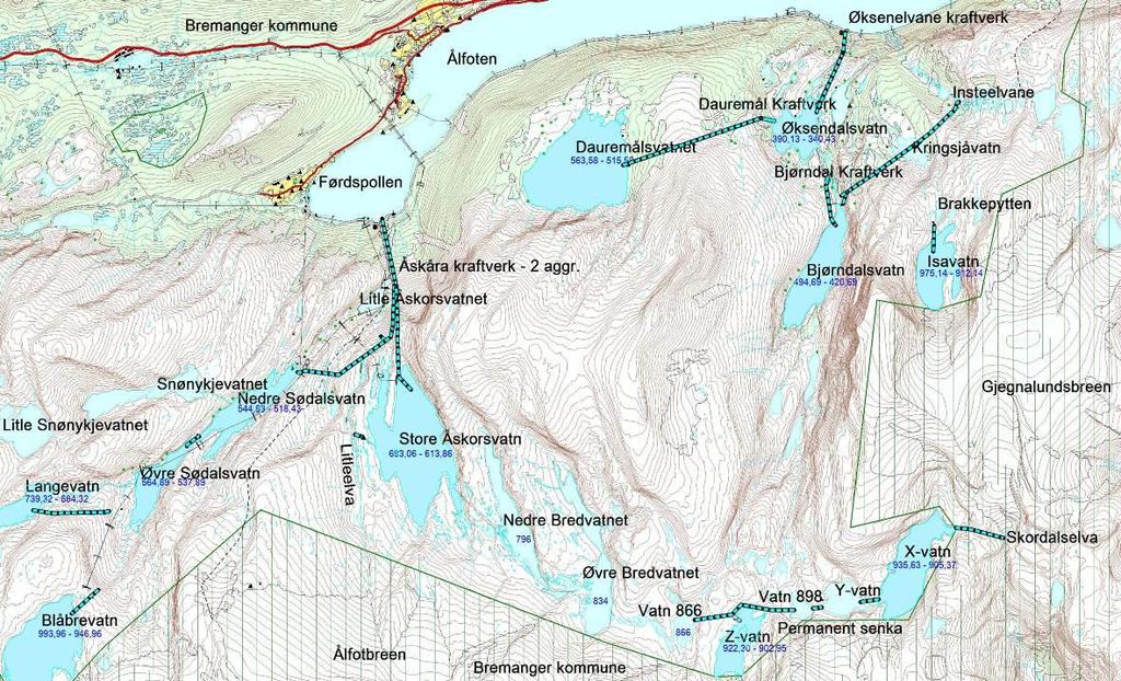 Side 5 mellom Ålfoten og Hyenfjorden er det flere regulert vann i forbindelse med utbygging av Øksenelvane (konsesjon av 1966), Dauremål og Bjørndal kraftverk.
