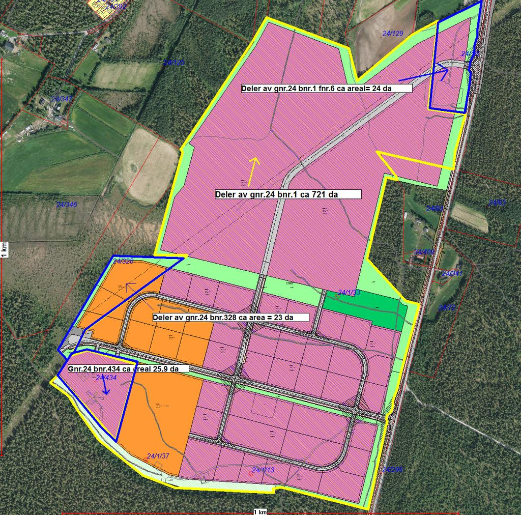 Røde linjer viser eksisterende eiendomsgrense. Gul farve er areal av gnr.24 bnr.1. Grønt areal gnr.24 bnr.1 og 6. Blått er gnr.24 bnr.328 og bnr.434.