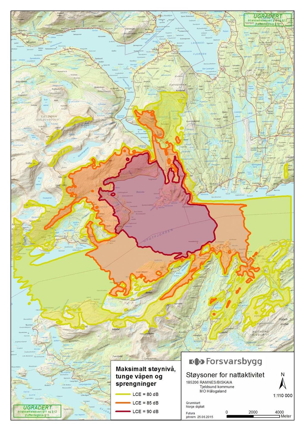 Figur 4: Støysoner for maksimalt støynivå fra nattaktivitet med tunge våpen.