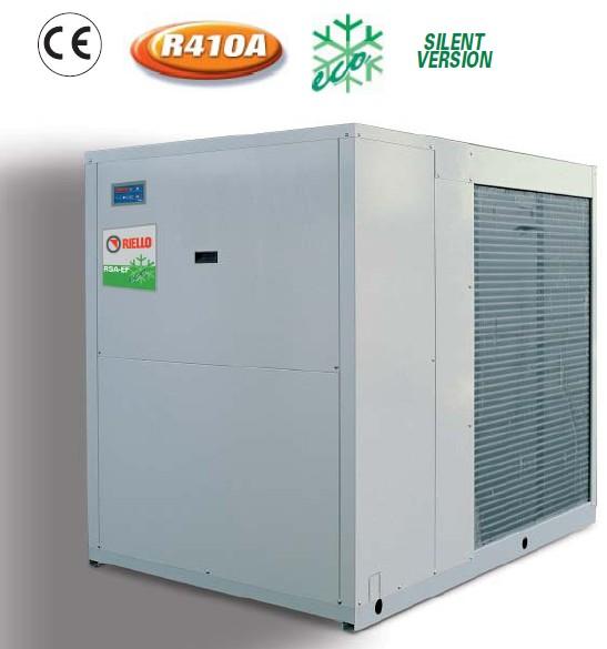 Luft til vann varmepumper og kjølemaskiner Riello RSA-EF Serie 2C: RSA fra 36-151kW i kjøling og fra 36-143kW i varmemodus.