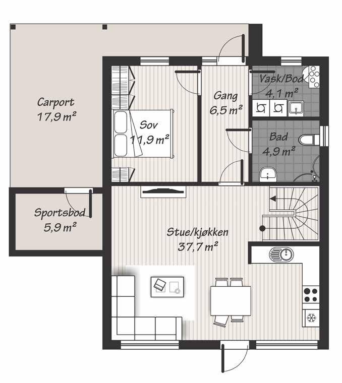 PLANLØSNINGER Hver bolig har en fin og romslig entré i første etasje med inngang til vaskerom, bad, soverom og