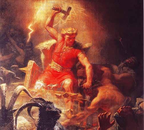 Norrøn mytologi 4 Tor med hammeren slik Mårten Eskil Winge skildrer han på maleriet «Tors kamp med jotnene» fra 1872.