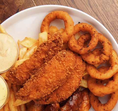 Bourbon Wings, Boneless Wings, Onion Rings and fries. Served with two dip sauces.