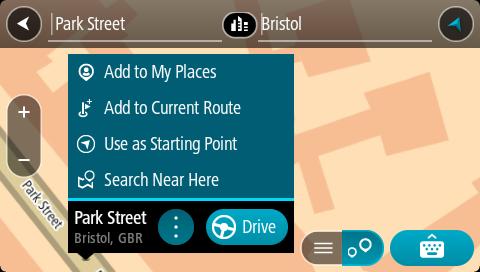 Når du viser adressen eller POI-et på kartet, kan du bruke hurtigmenyen til å legge til posisjonen i Mine steder. Hvis en rute allerede er planlagt, kan du legge til posisjonen på gjeldende rute.