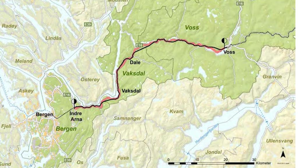 2. Prosjektbeskrivelse 2.1 Geografisk avgrensning Det anbefalte konseptet i KVUen gjelder hele Vossebanen fra Arna til Voss.