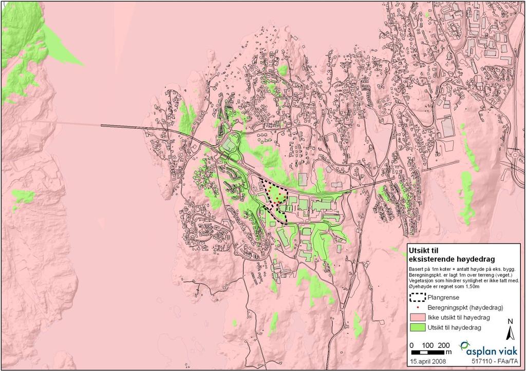 Figur 21: Planområdets synlighet innenfor analyseområdet og tilgrensende områder Vegetasjon, dyreliv og naturforhold Vegetasjonsbildet i plan-/og analyseområdet varierer fra skrint jordsmonn med