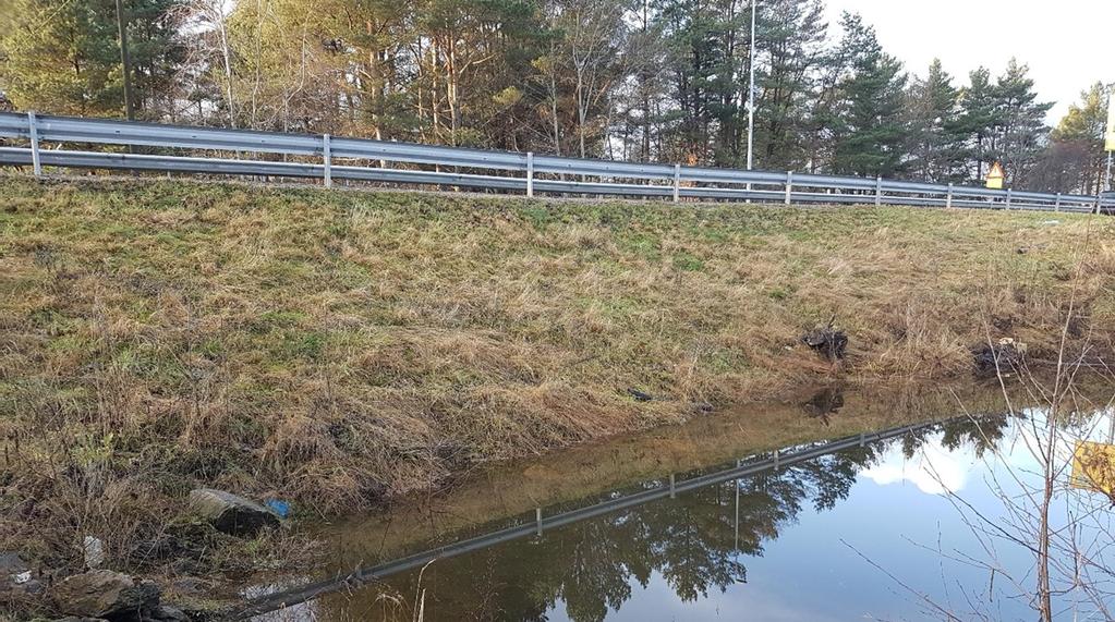 Figur 4. Foto tatt mot vest der hvor gren av Møllebekken møter E39. Ingen rør/kulvert synlig. Det antas at overvann på østsiden av E39 dreneres gjennom veifyllinga til Songdalselva.