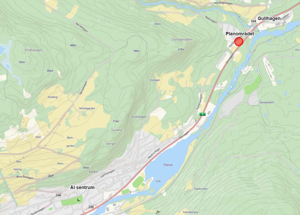 5 BESKRIVELSE AV PLANOMRÅDET, EKSISTERENDE FORHOLD 5.1 BELIGGENHET 5.1.1 BELIGGENHET Planområdet ligger langs Rv7 nær Gullhagen i Ål kommune.