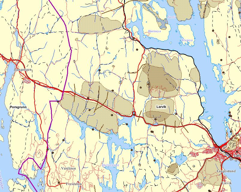 Dyrelivet i området I konsekvensutredningen nevnes 14 ulike krysningspunkter over vegen i Larvik kommune og en krysning ved Løkka i Porsgrunn kommune /1/. Etter en egen vurdering, bl.a. i samarbeid med lokal viltnemnd ble det skilt ut fire spesielle verdifulle trekkorridorer.