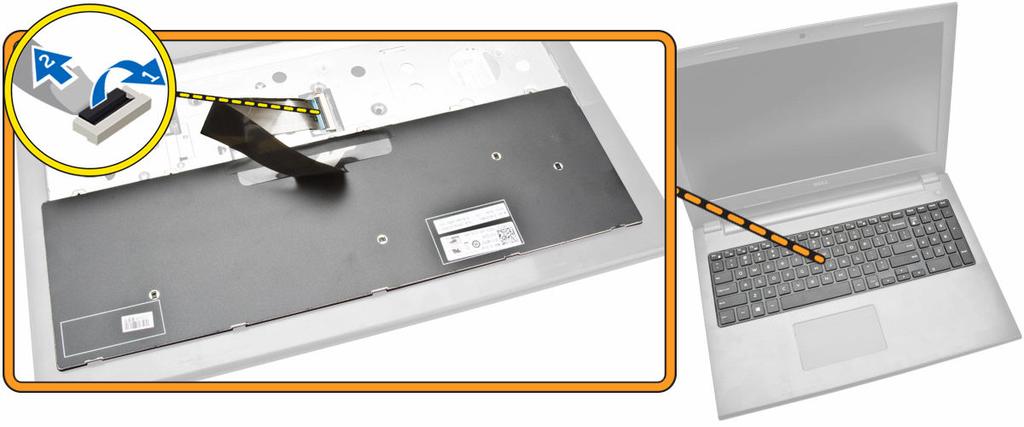3. Utfør følgende trinn, som vist på illustrasjonen: a. Skyv tastaturen fra datamaskinen [1]. b. Snu tastaturet for å få tilgang til kabelen under [2]. 4.