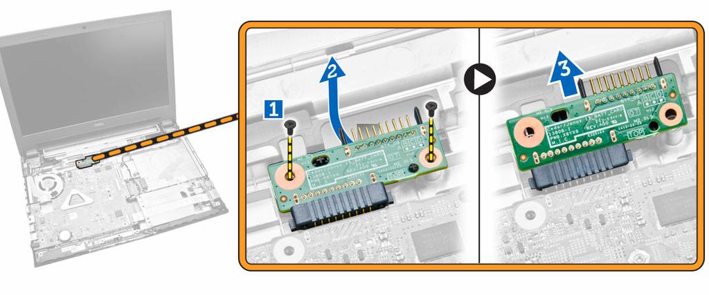 a. tastatur b. minnemodul c. harddisk d. WLAN-kort e. tilgangspanel f. optisk harddisk g. batteri 6. Følg prosedyrene i Etter at du har arbeidet inne i datamaskinen. Fjerne batterikontakten 1.