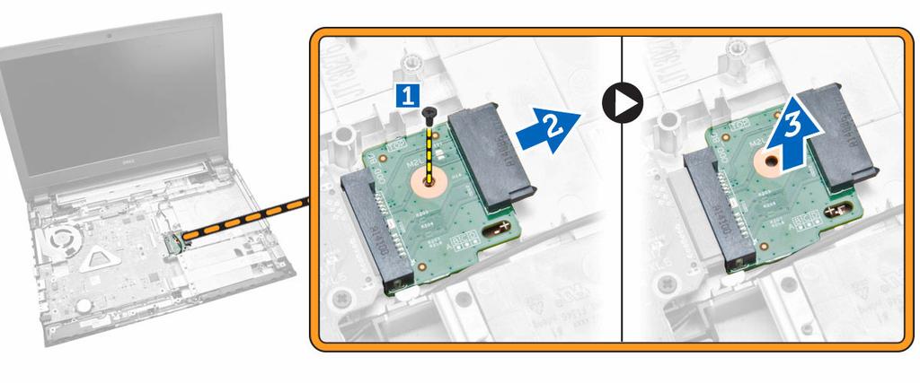 Ta ut den optiske stasjonskontakten 1. Følg prosedyrene i Før du arbeider inne i datamaskinen. 2. Fjern: a. batteri b. optisk harddisk c. tilgangspanel d. harddisk e. minnemodul f. tastatur g.