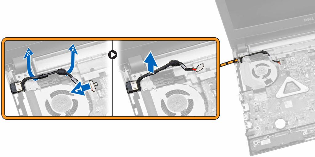 e. harddisk f. WLAN-kort g. tilgangspanel h. optisk harddisk i. batteri 4. Følg prosedyrene i Etter at du har arbeidet inne i datamaskinen. Ta ut strømkontakten 1.