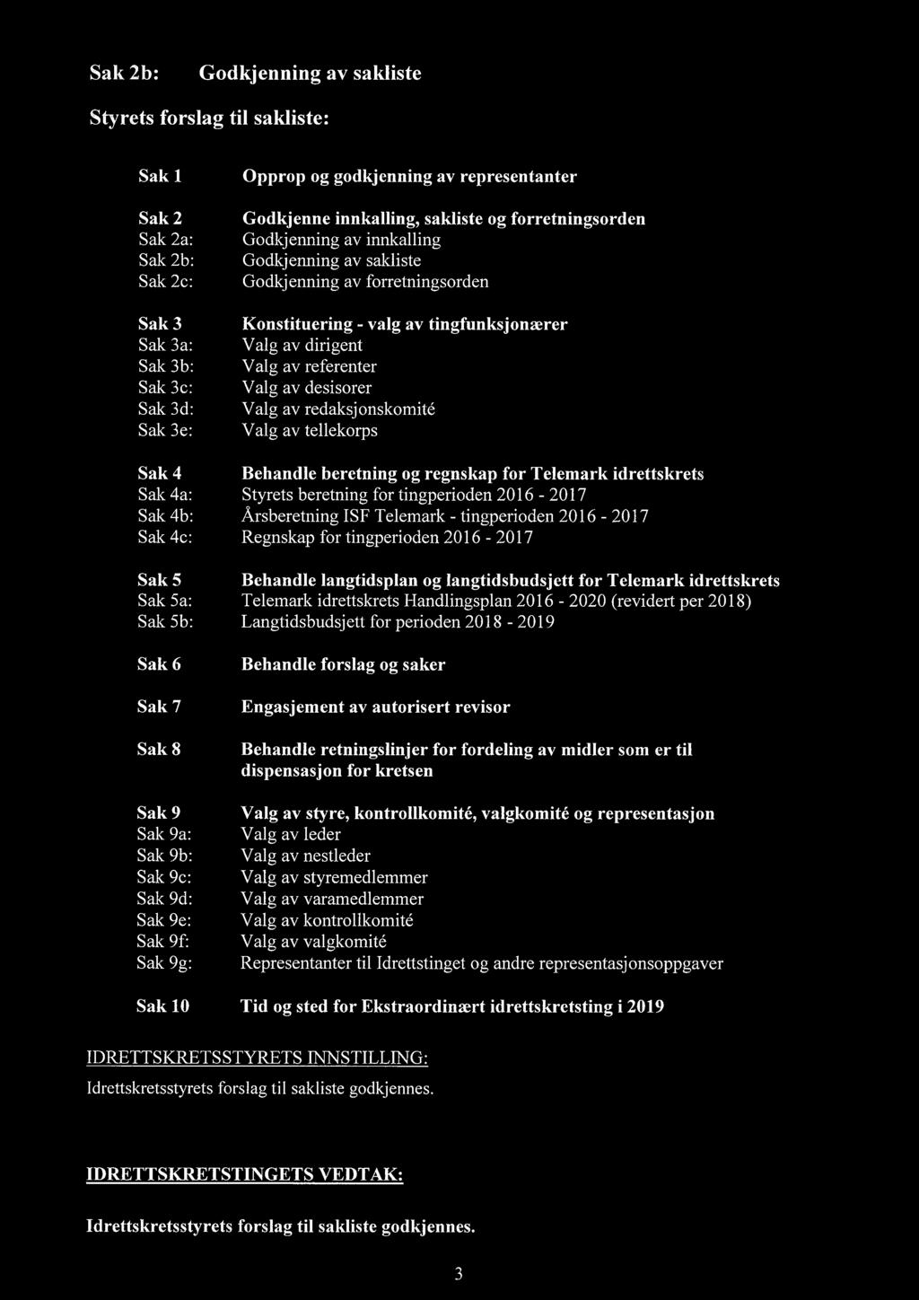 Valg av desisorer Valg av redaksjonskomite Valg av tellekorps Sak 4 Behandle beretning og regnskap for Telemark idrettskrets Sak 4a: Styrets beretning for tingperioden 2016-2017 Sak 4b: Årsberetning