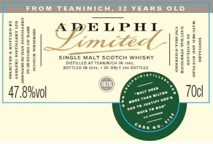 Adelphi Limited Teaninich 1983 32 yo #6738 Destillert i 1983 på Teaninich, lagret på et ex-bourbonfat.