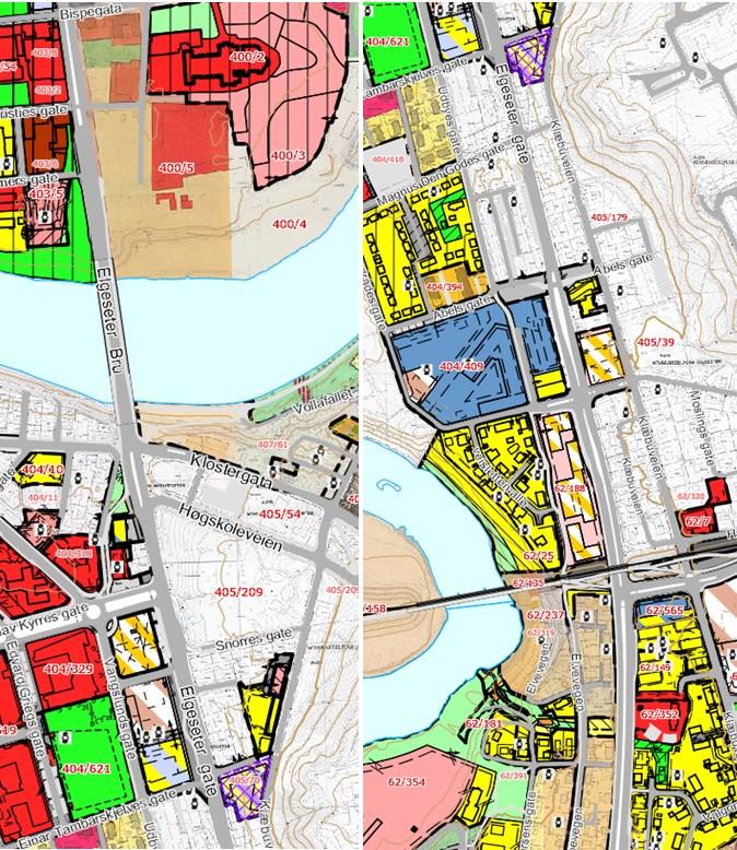 Side 11 Figur 4: Gjeldende reguleringsplaner i og langs planområdet. Til venstre: fra Bispegata til Einar Tambarskjelves gate.
