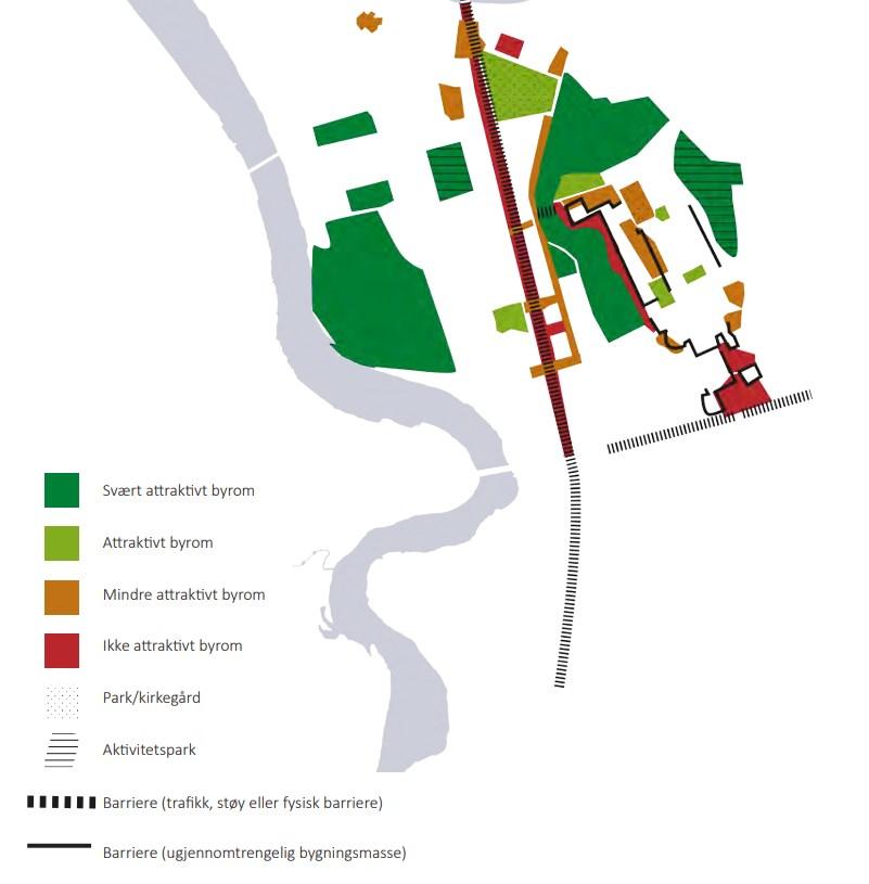 Side 13 Figur 6: Analyse av attraktive byrom. Illustrasjon hentet fra stedsanalysen til planprogram for samlet campus i Trondheim som er på høring. 3.