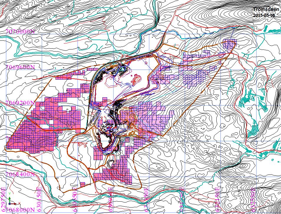 Figur 3 Oversikt over utbredelse av sementkvalitet på nivå over 185 m.o.h. Bildet under viser hvordan kvaliteten varierer i vertikalplanet. De to røde og blå søylene representerer to kjerneborehull.