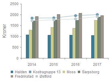Gruppert per år 2014 2015 2016 2017 Halden 1 080,0 1 064,0 1 068,0 1 047,7 Kostragruppe 13 1 838,0 1 848,3 1 952,2 1 999,7 Moss 1 298,0 1 416,2 1 377,1 1 743,2 Sarpsborg 1 729,0 1