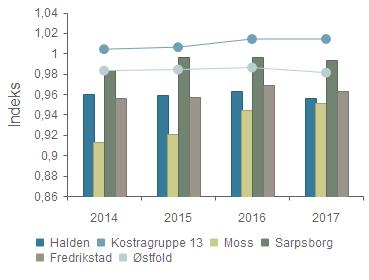 Gruppert per år 2014 2015 2016 2017 Halden 0,960 0,959 0,963 0,956 Kostragruppe 13 1,004 1,006 1,014 1,014 Moss 0,913 0,921 0,944 0,951