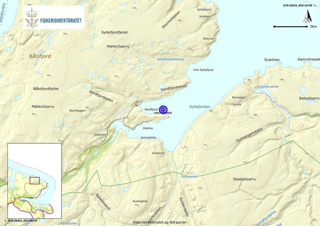 2 Materiale og metode 2.1 Område og prøvestasjoner Oppdrettslokaliteten Veidnes ligger i Nordfjorden innerst i Syltefjorden i Båtsfjord kommune, Finnmark (Figur 2.1.1).