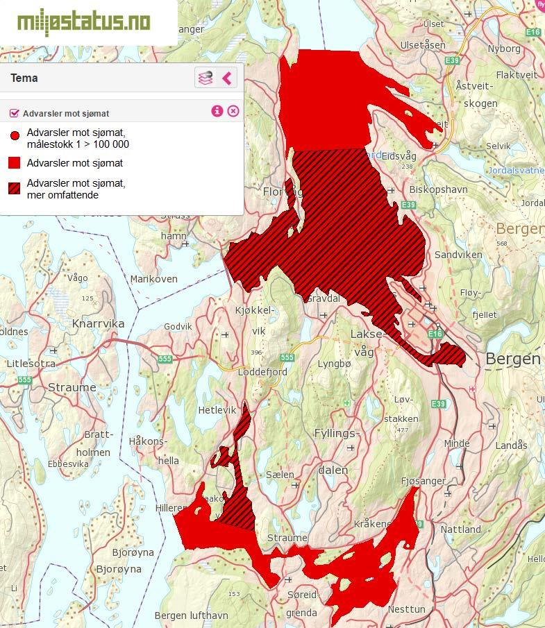 Figur 8. Kart over område kvar det er åtvaring mot konsum av sjømat i Bergen kommune.