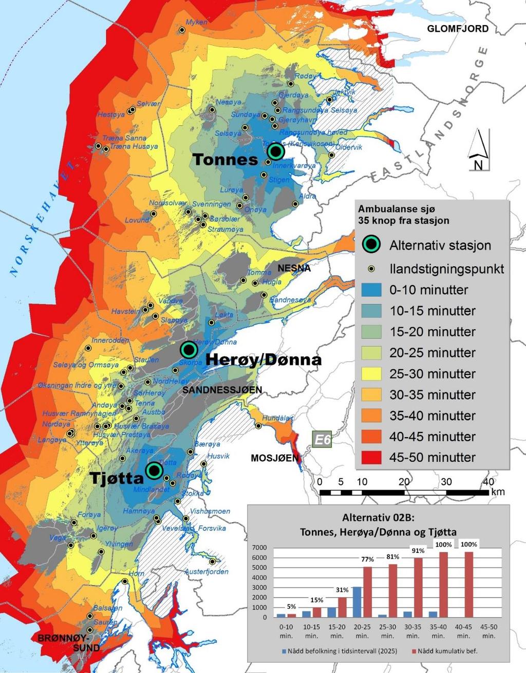 Ambulanseplan 205-2025 2.2.3 Alternativ 2B: Tonnes, Herøy/Dønna og Tjøtta Figur 23: Alternativ 2B med alternativ stasjonering på Tonnes og Tjøtta, samt eksisterende stasjon på Herøy/Dønna.