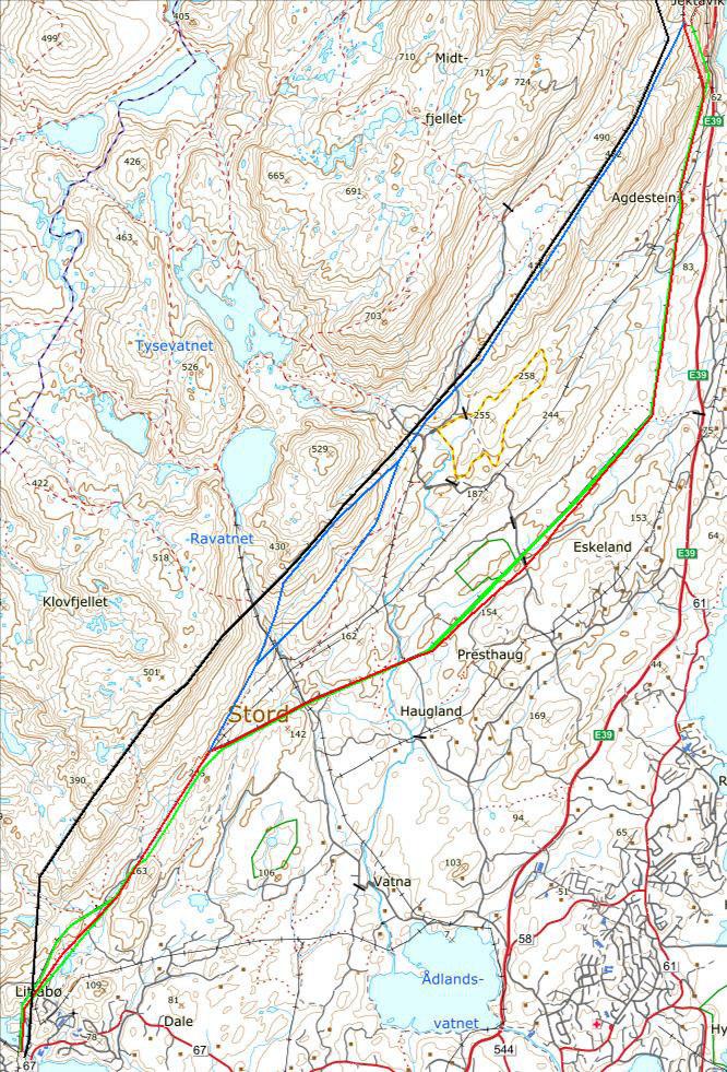 Trasealternativ C (blå farge) Trasealternativ 1 Trasealternativ C3a Ny 132 kv ledning, alternativ B, og 66 kv ledning som skal saneres går parallelt omtrent helt fra Langenuen og sør til Stord