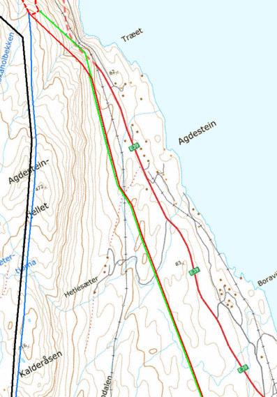 L1 Figur 11. Strekning Jektavik Boravik. L2 Grønn strek = 66 kv ledning saneres. Rød strek = Ny 132 kv ledning i eksisterende 66 kv trase (trase B). Blå strek = Ny 132 kv ledning i trasealternativ C.