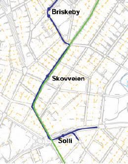 Mulig fremtidig situasjon: Kartutsnitt fra Oslo Sporvognsdrifts forprosjekt 2005.