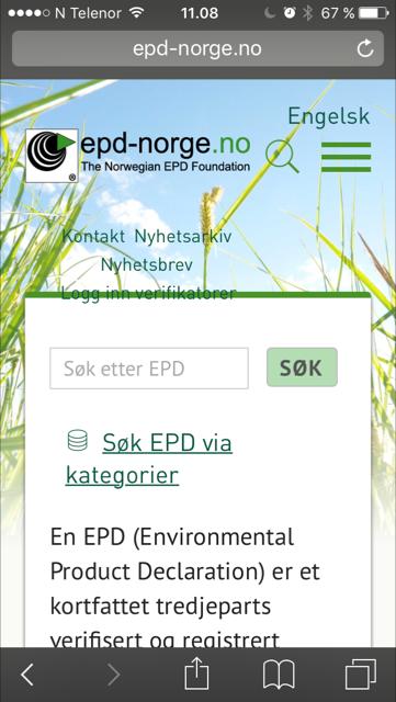 Skjermbilde fra EPD-Norge sin hjemmeside i mobilt format. Se for øvrig EPD-Norge sin hjemmeside for flere pressemeldinger og nyheter.
