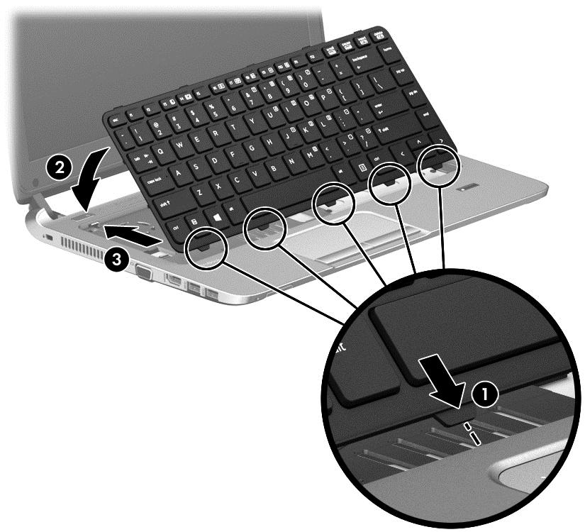 8. Skyv tastaturet (3) mot baksiden av datamaskinen til tastaturet låses på