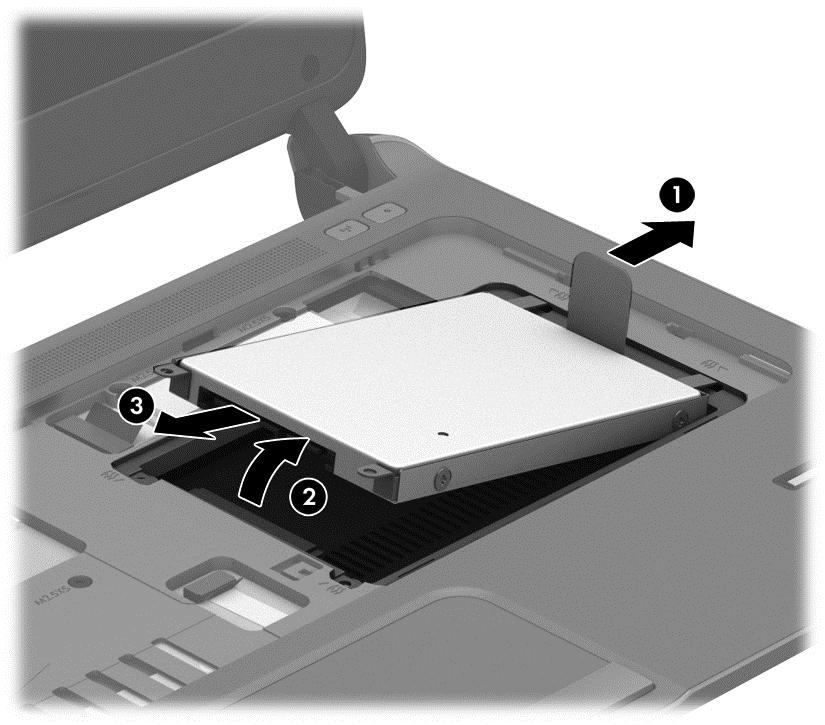 6. Løft øvre kant av harddiskens festeplate (1) opp og trekk festeplaten (2) opp i vinkel for å ta den ut av datamaskinen. 7.