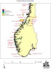 Kart som viser geografisk fordeling av områdene som er tilrådd tatt med i marin verneplan i fase 1 i søndre del av Norge (24 av de 36 områdene på liste A).