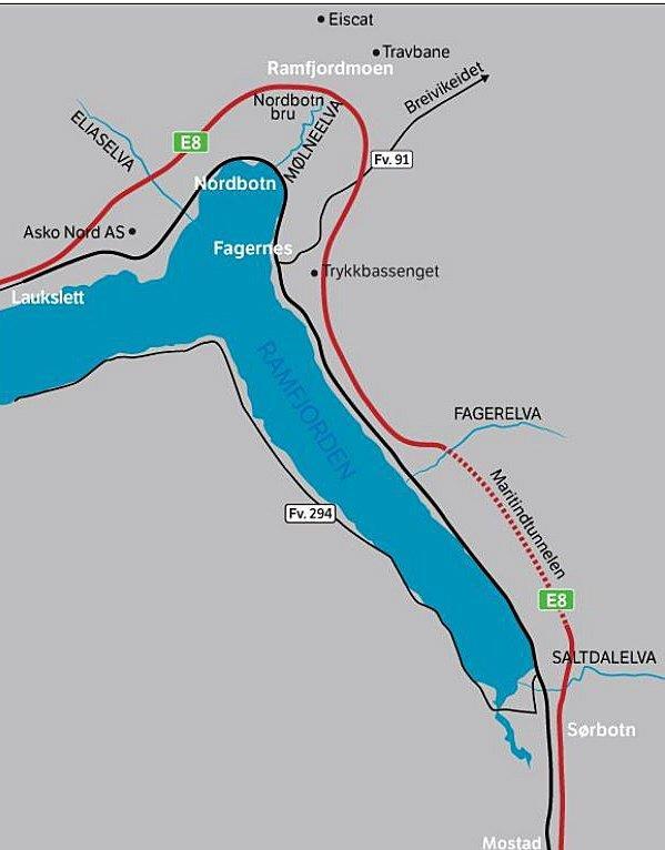 Om prosjektene E8 Sørbotn-Laukslett E8 i Ramfjorden er innfartsveg til Tromsø. Den går gjennom et tett befolket område med mange boligavkjørsler.