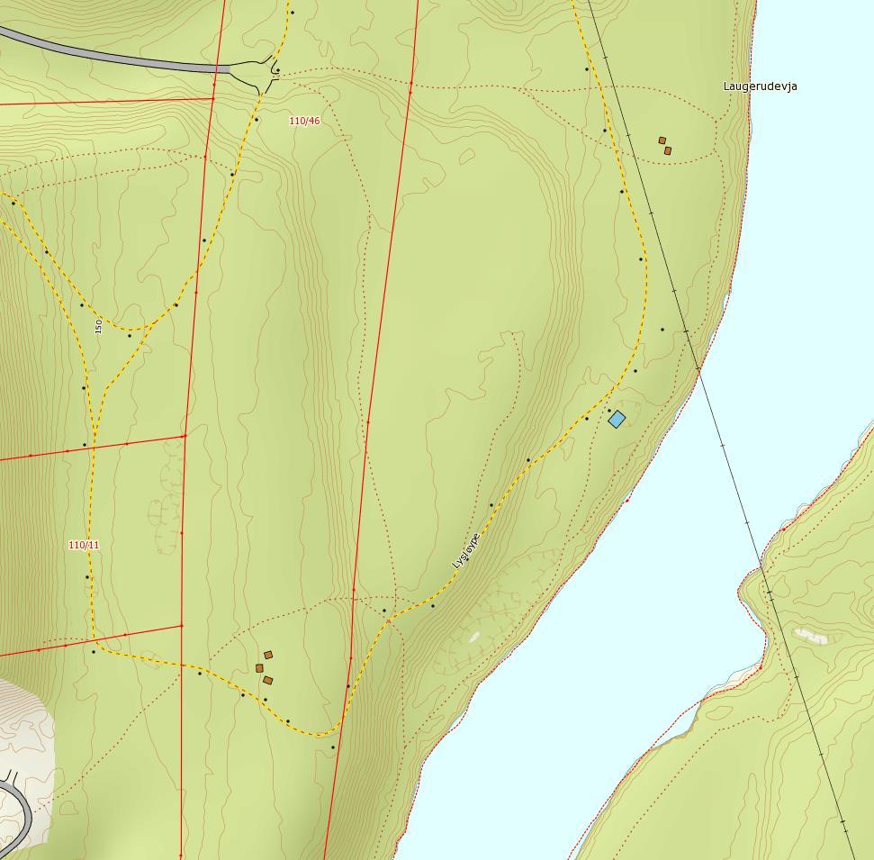 Figur 8: Forslag til område for undersøkelsesboringer på Kongsgårdsmoen nord (gult) og påviste fjellblotninger (blått) Figur