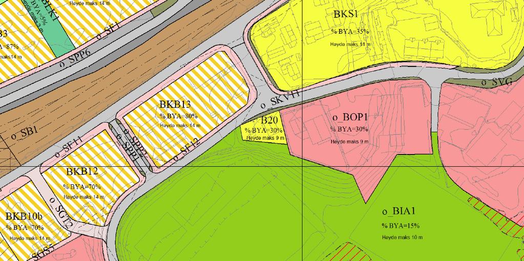 Fig. 1. Utsnitt av områdeplan for Hommelvik. Planområdet omfattar vestleg del av felt BKB13 og eit areal av idrettsanlegget o_bia1. Avvik frå overordna arealplanar.