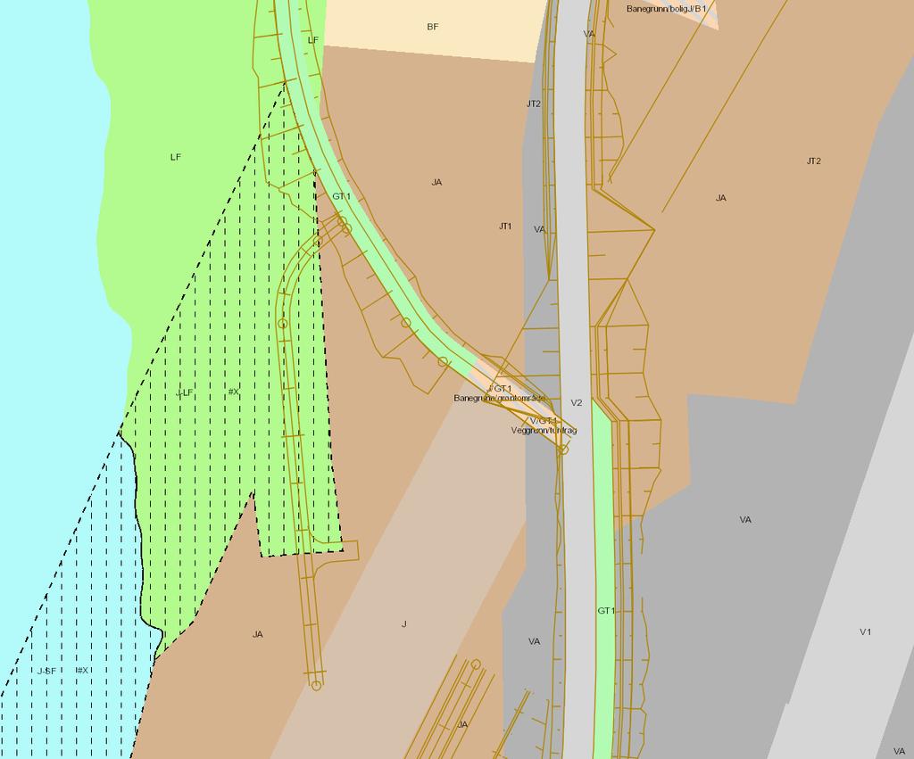 2 PLANSTAUS OG FORSLAG TIL ENDRINGER Figur 2 Gjeldende reguleringsplan med ny kjøreatkomst (og annen veggeometri) vist med brune linjer.