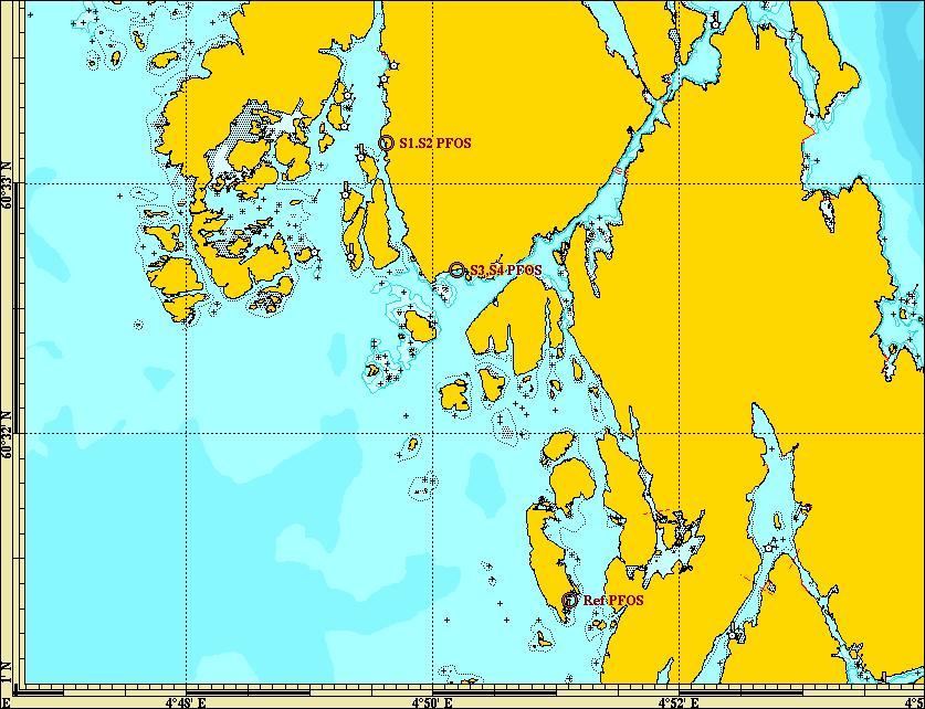 Tabell 4.2. Oversikt over stasjoner for prøvetaking av albueskjell rundt Kollsnes prosessanlegg i 20. Stasjon Sted Posisjon (WGS-84) S1, S2 60 33,161'N 0 49,616'Ø S3, S4 60 32,654'N 0 50,196'Ø Ref.