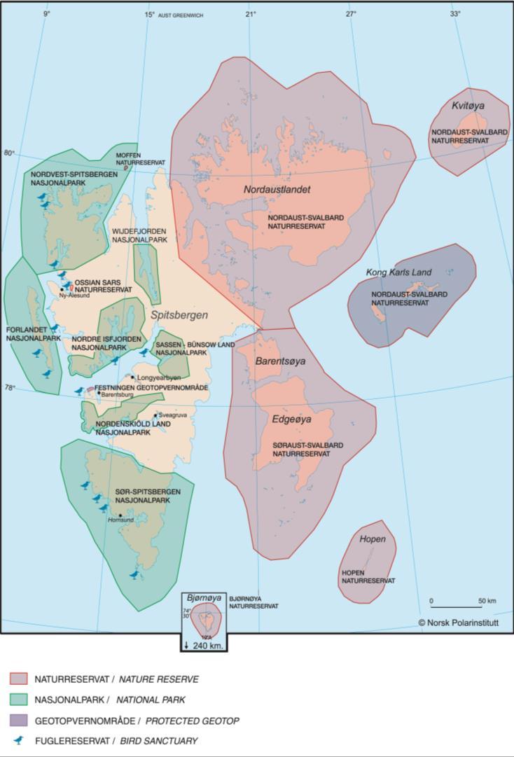 Svalbards Miljøvernlov Verneområder 7 nasjonalparker 21 naturreservater ;inkl 15 fuglereservat 1 geotopvernområde Svalbardmiljøloven av 2001; tilnærmet